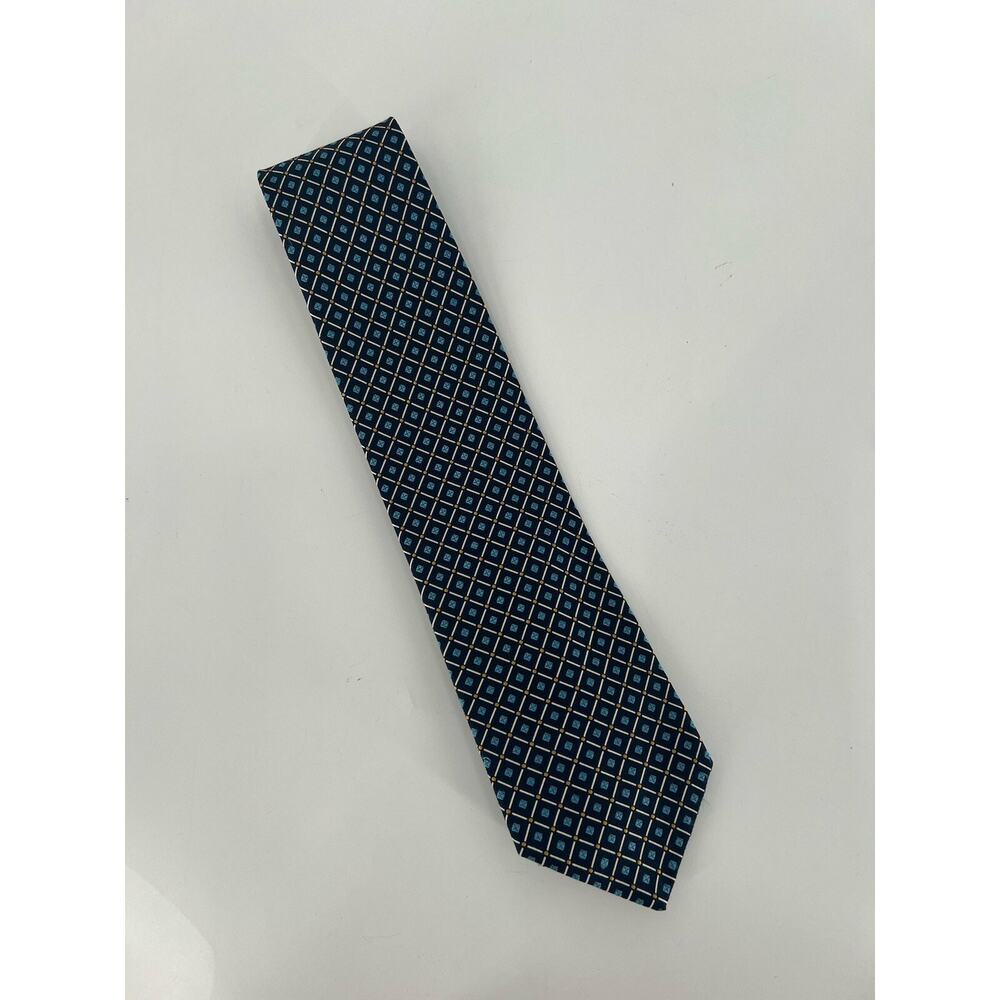Vintage Aquascutum Tie Mens Blue Geometric Diamond Print Silk 56" Regular Width